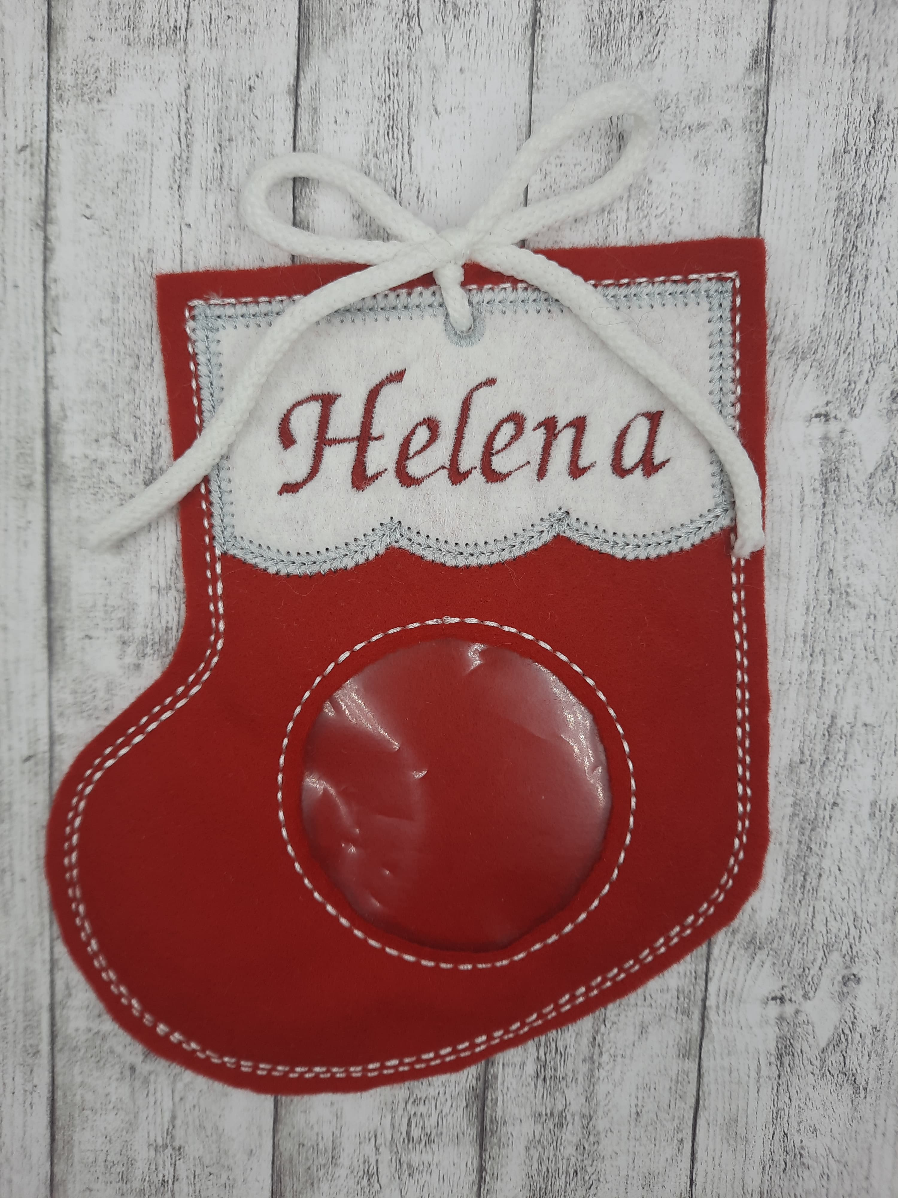Kleiner Nikolausstiefel mit Sichtfenster und  Wunschname zum selbst befüllen